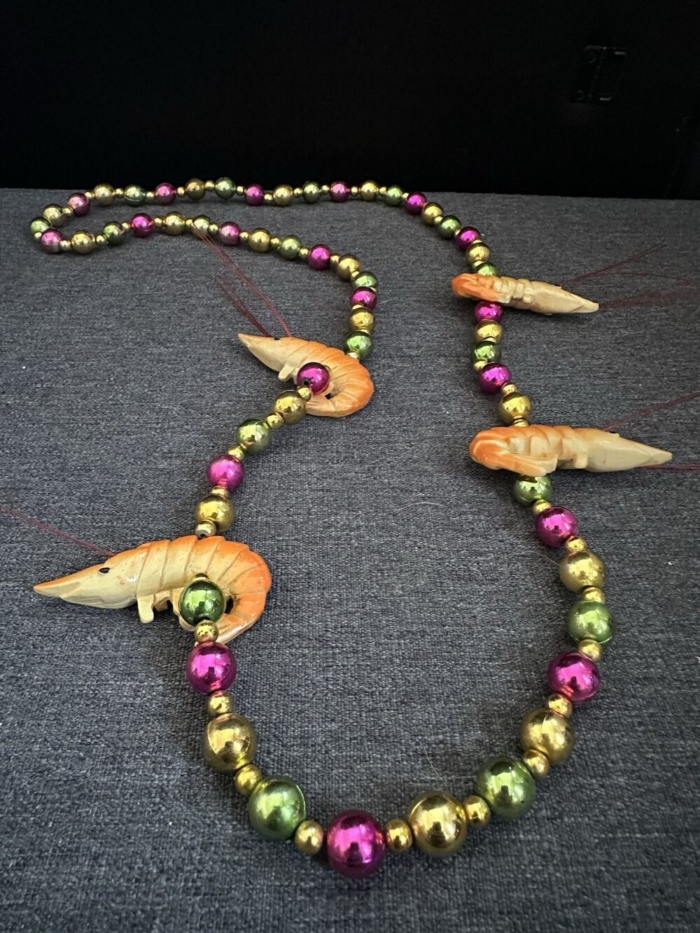 Mardi Gras Shrimp Bead Necklace Purple Green Gold Louisiana Seafood Novelty
